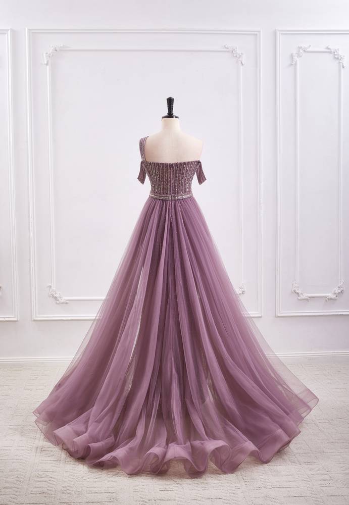 Omate Bateau Sleeveless Beaded Prom Dress With Tulle Train