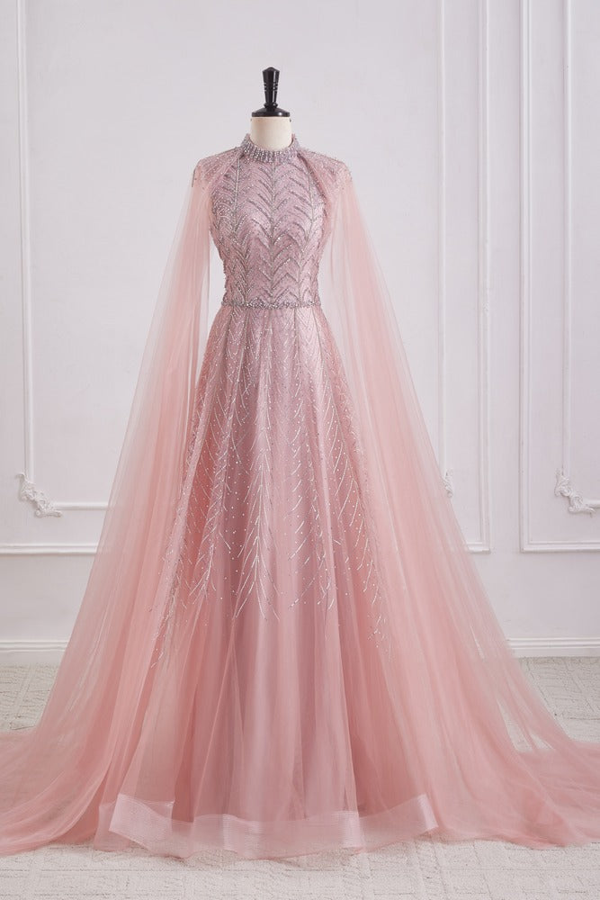 Pink High Neck Empire A-Line Party Prom Dress With Train