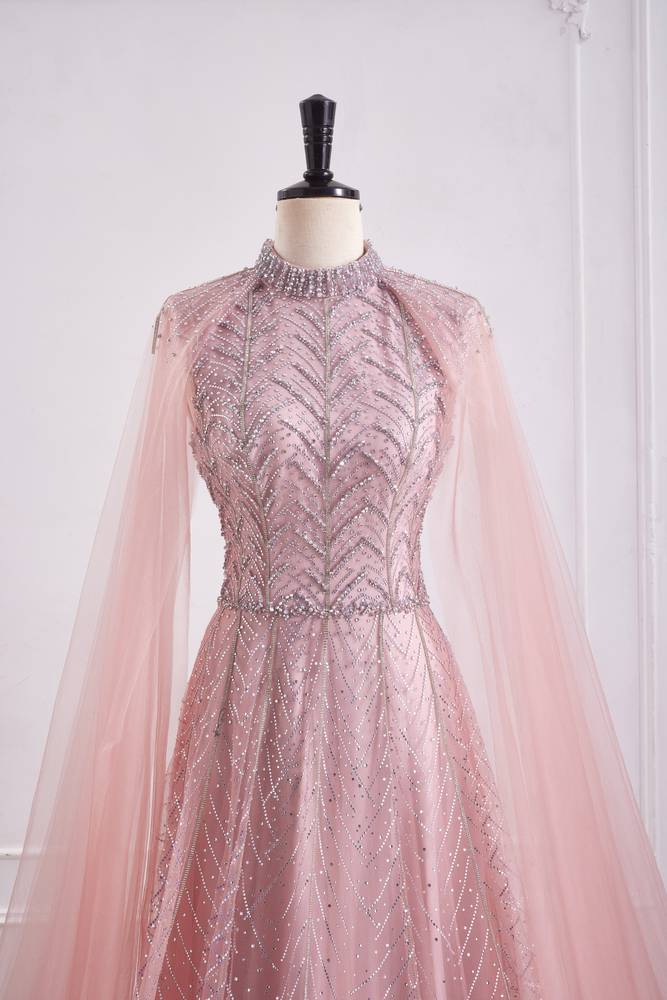 Pink High Neck Empire A-Line Party Prom Dress With Train