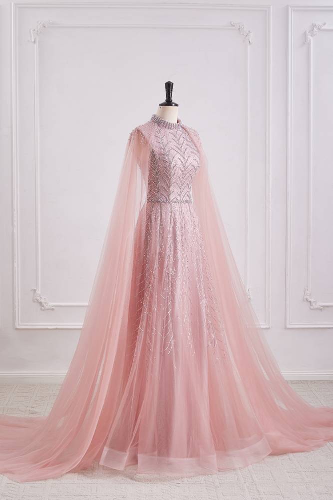 Pink High Neck Empire A-Line Party Prom Dress With Train