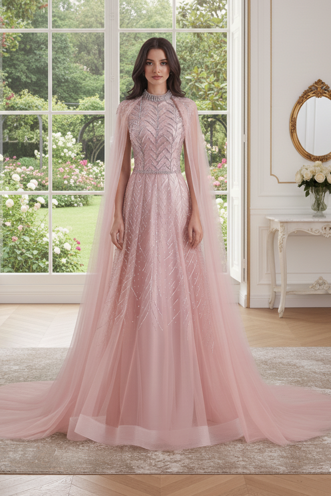 Pink High Neck Empire A-Line Party Prom Dress With Train