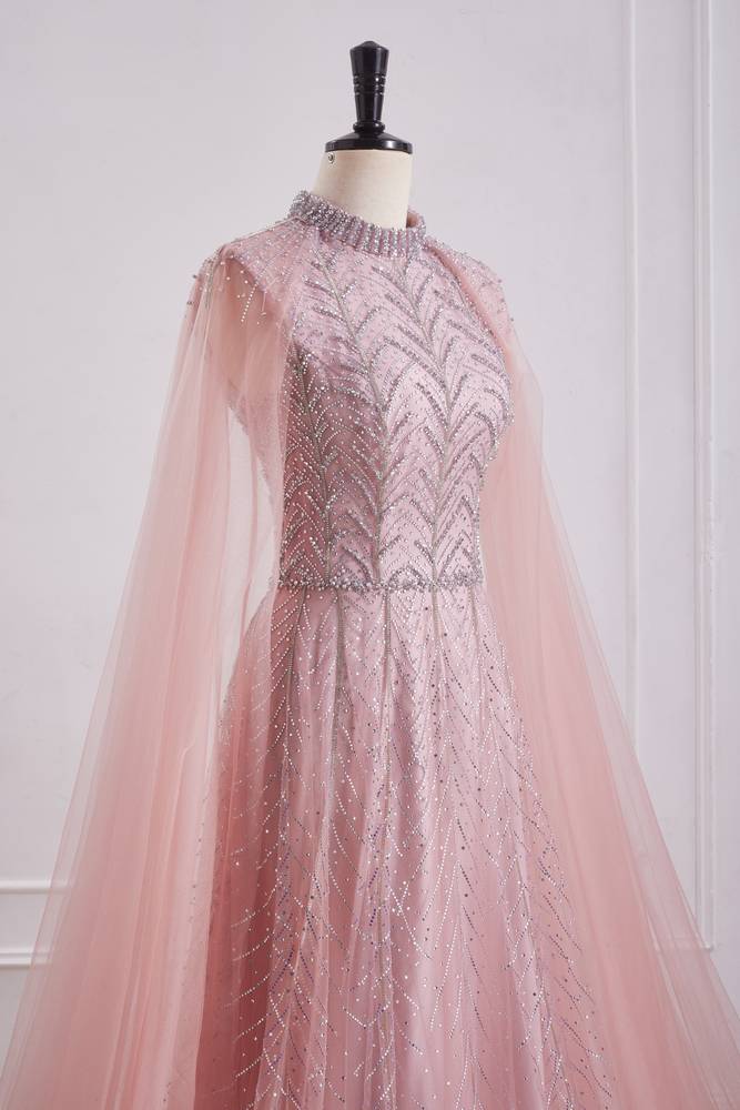 Pink High Neck Empire A-Line Party Prom Dress With Train