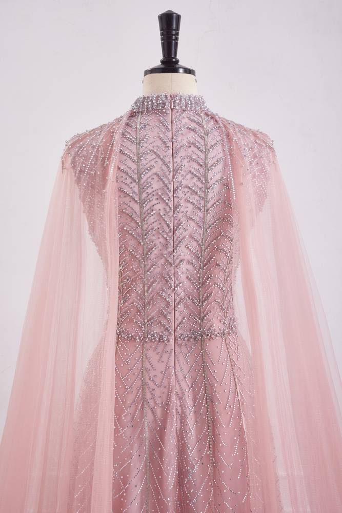 Pink High Neck Empire A-Line Party Prom Dress With Train