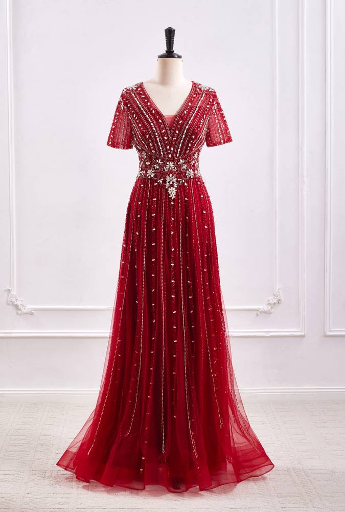 Red A-Line V-Neck Short Sleeves Beaded Party Prom Dress