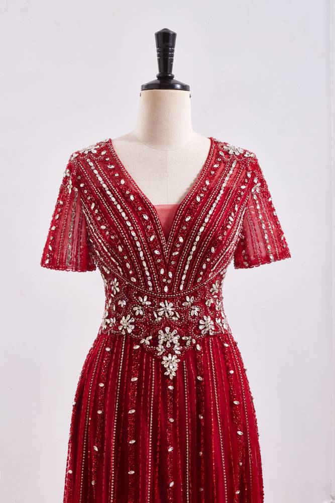 Red A-Line V-Neck Short Sleeves Beaded Party Prom Dress