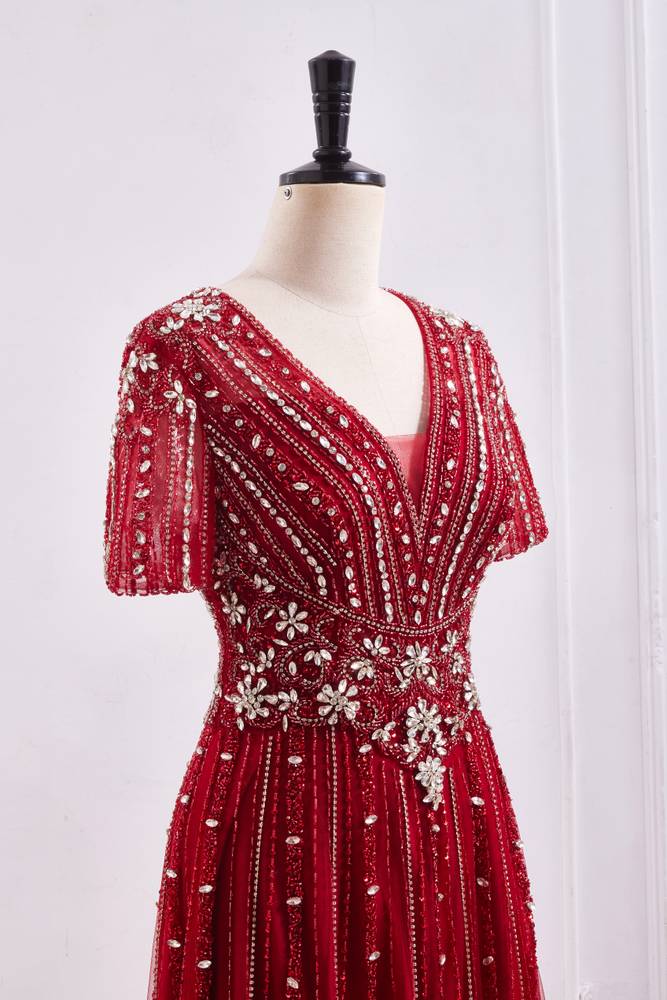 Red A-Line V-Neck Short Sleeves Beaded Party Prom Dress