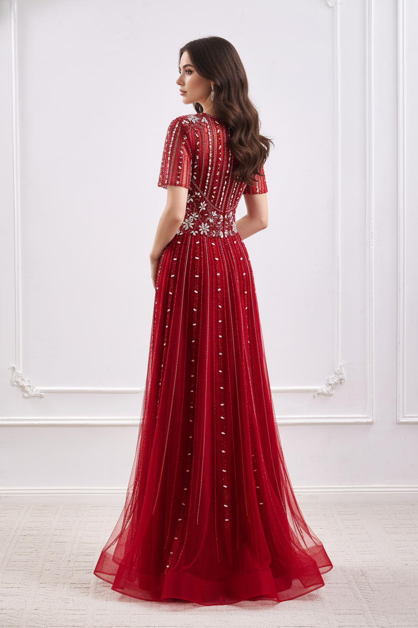 Red A-Line V-Neck Short Sleeves Beaded Party Prom Dress