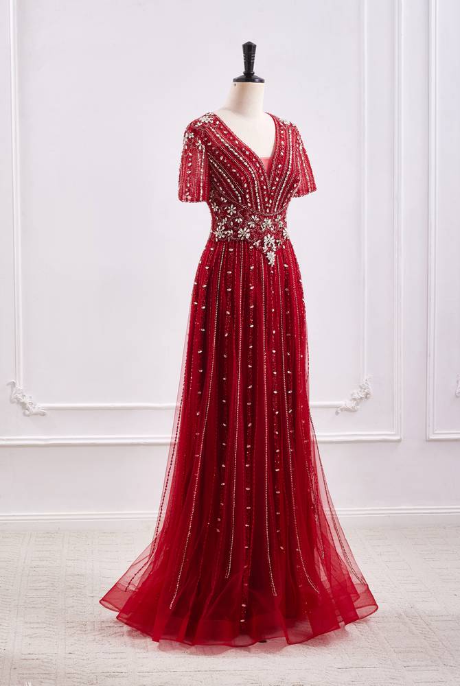 Red A-Line V-Neck Short Sleeves Beaded Party Prom Dress