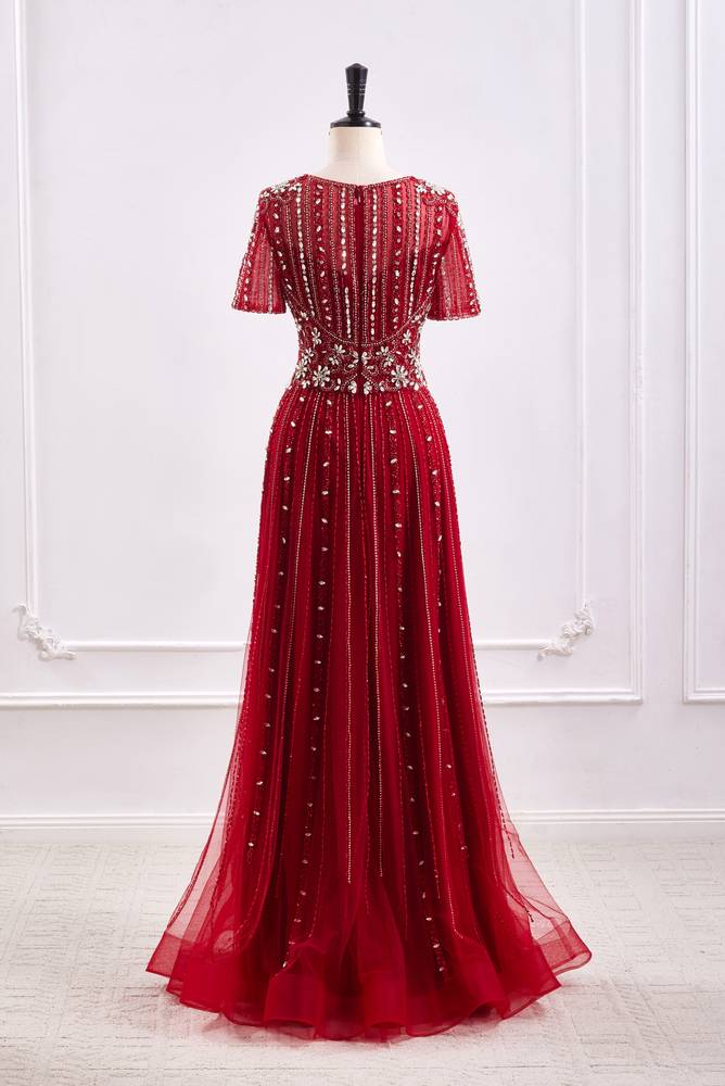 Red A-Line V-Neck Short Sleeves Beaded Party Prom Dress