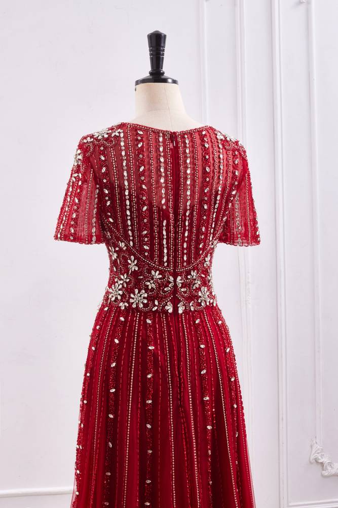 Red A-Line V-Neck Short Sleeves Beaded Party Prom Dress
