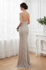 Round Halter Backless Beaded Decoration Mermaid Formal Prom Dress