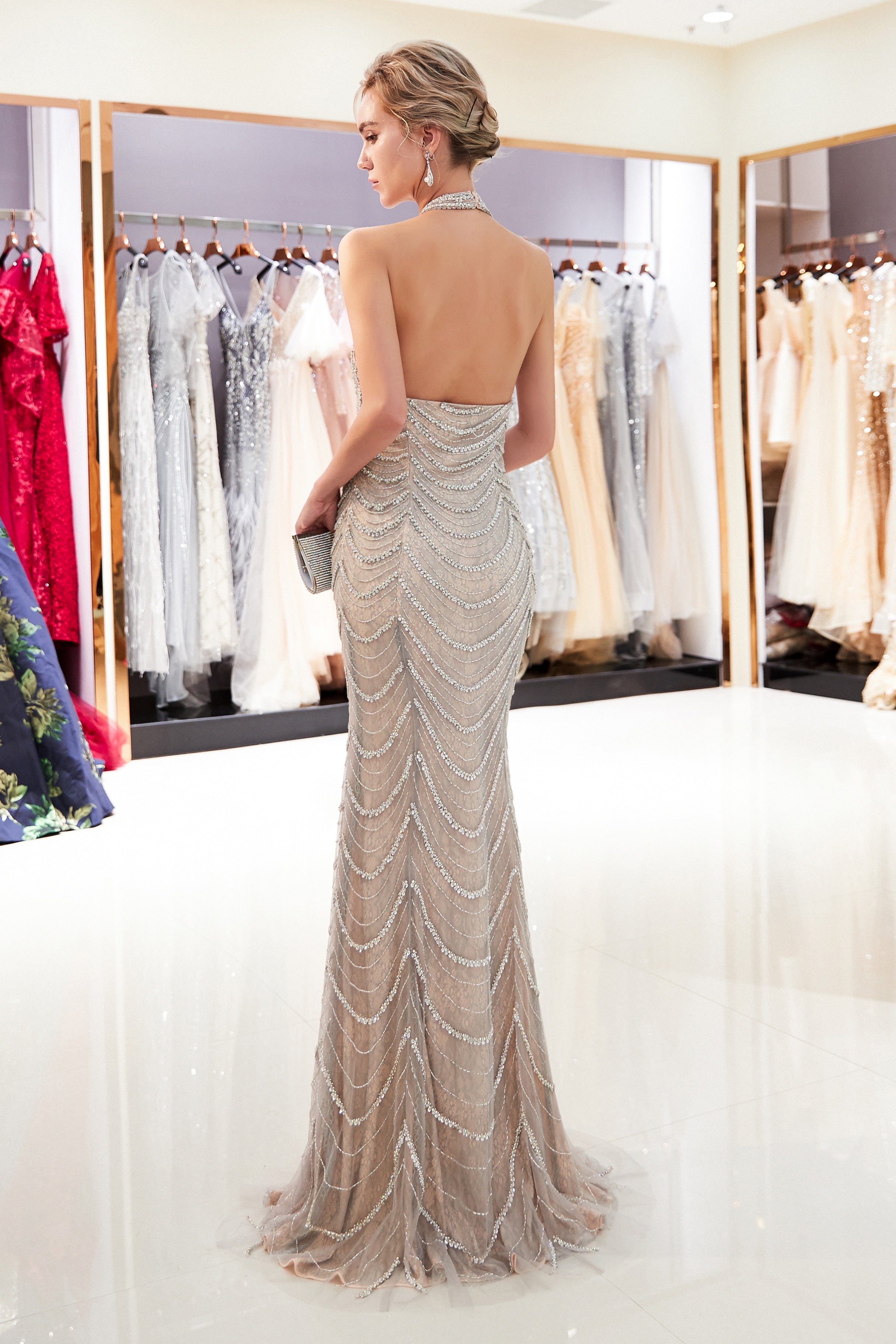 Round Halter Backless Beaded Decoration Mermaid Formal Prom Dress