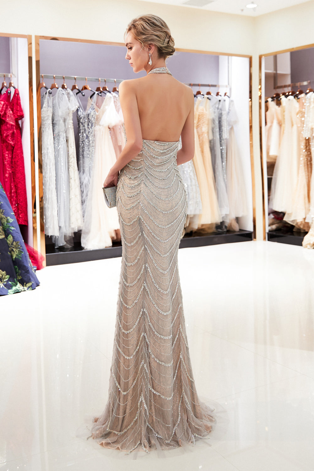 Round Halter Backless Beaded Decoration Mermaid Formal Prom Dress