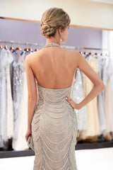 Round Halter Backless Beaded Decoration Mermaid Formal Prom Dress