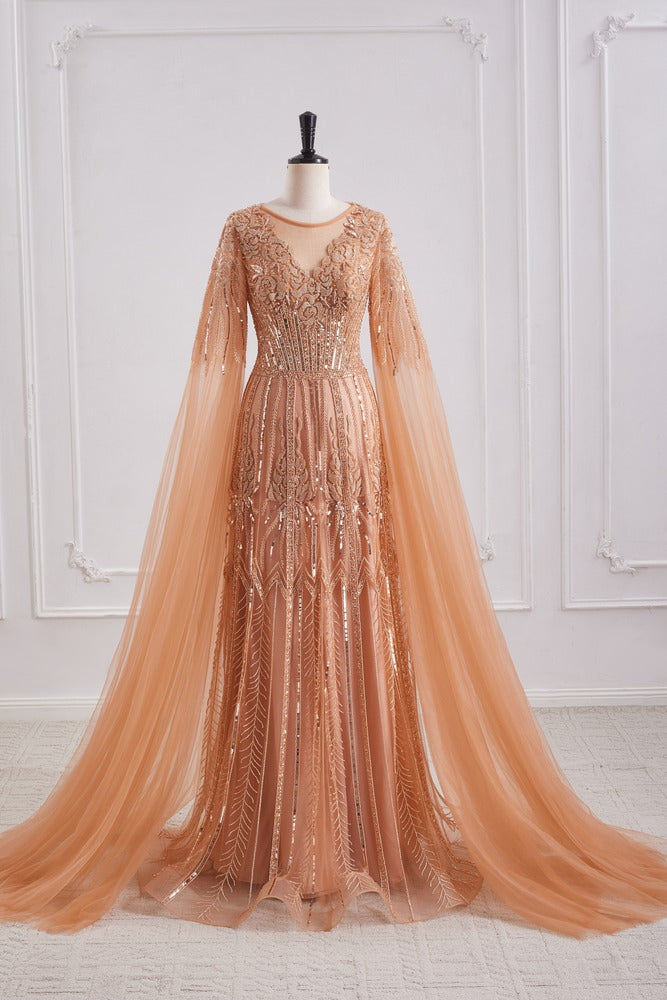 Round Long Sleeves Tulle Beaded A-Line Party Prom Dress