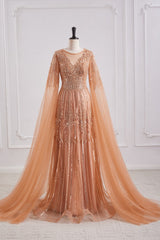 Round Long Sleeves Tulle Beaded A-Line Party Prom Dress