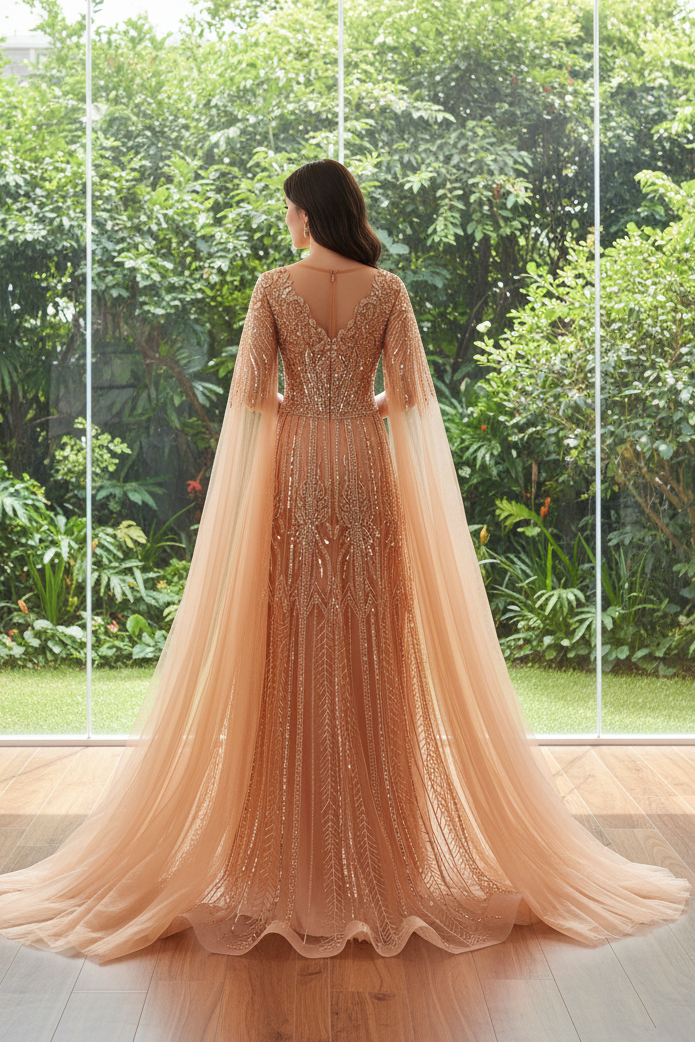 Round Long Sleeves Tulle Beaded A-Line Party Prom Dress