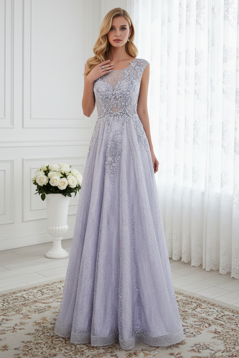 Round Sleeveless A-Line Tulle Prom Dress With Beaded Appliques