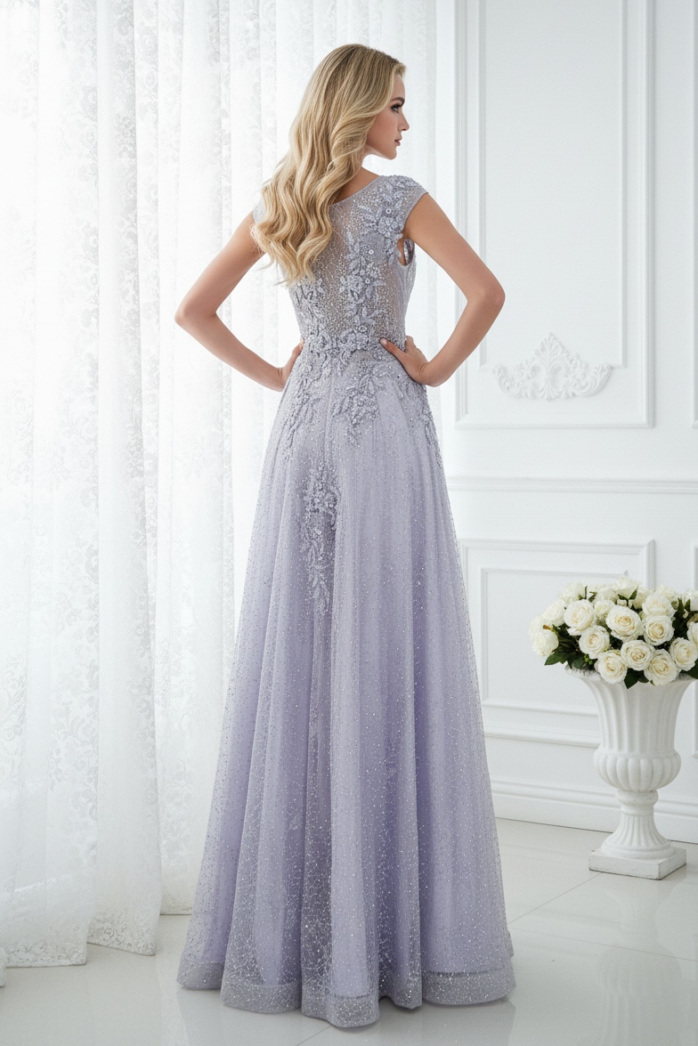 Round Sleeveless A-Line Tulle Prom Dress With Beaded Appliques