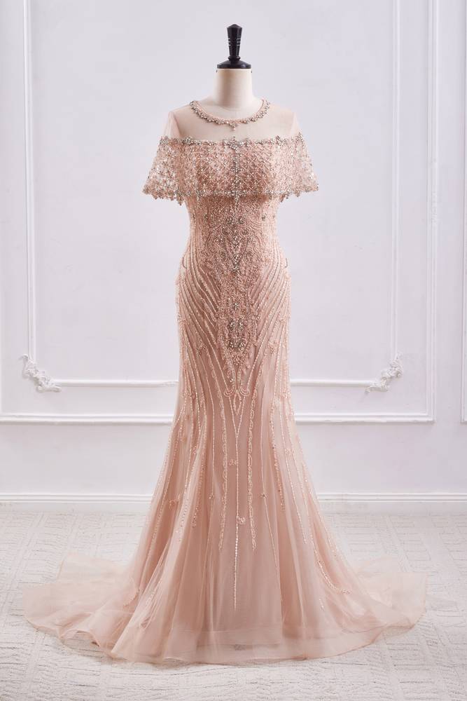 Round Sleeveless Fully Beaded Mermaid Formal Prom Dress 