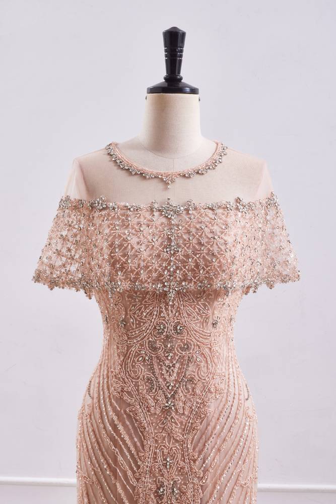 Round Sleeveless Fully Beaded Mermaid Formal Prom Dress 