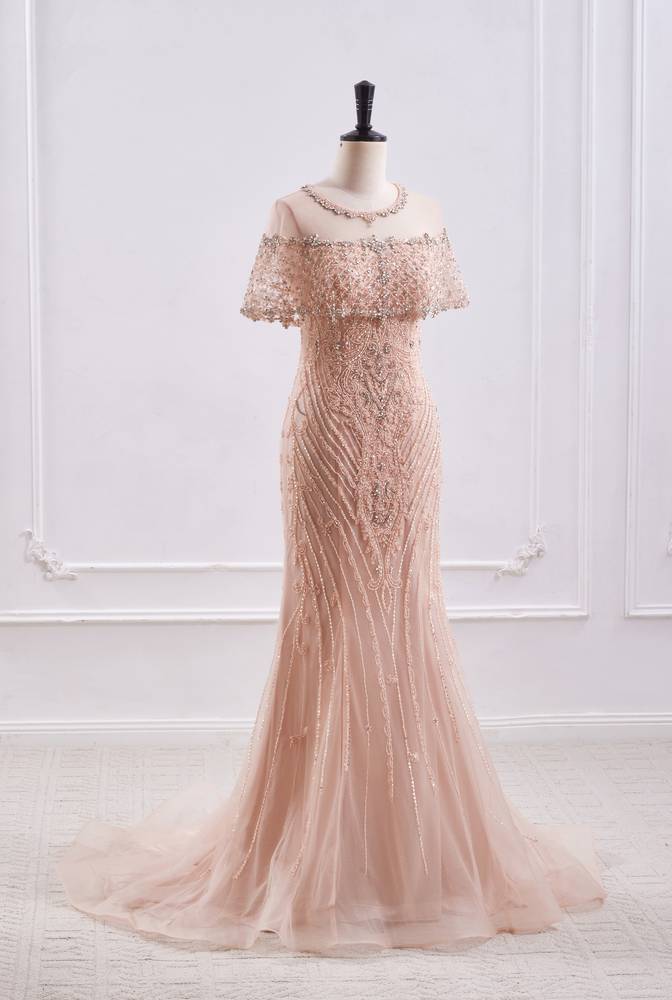 Round Sleeveless Fully Beaded Mermaid Formal Prom Dress 