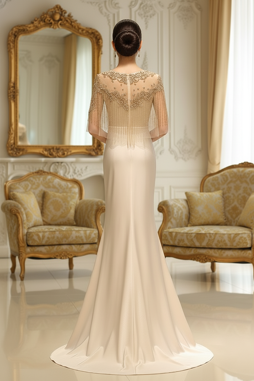 Satin Mermaid Scoop Sheer Beaded Cape Long Prom Dress 