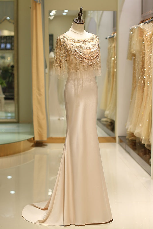 Satin Mermaid Scoop Sheer Beaded Cape Long Prom Dress 