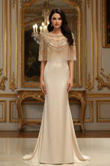 Satin Mermaid Scoop Sheer Beaded Cape Long Prom Dress 