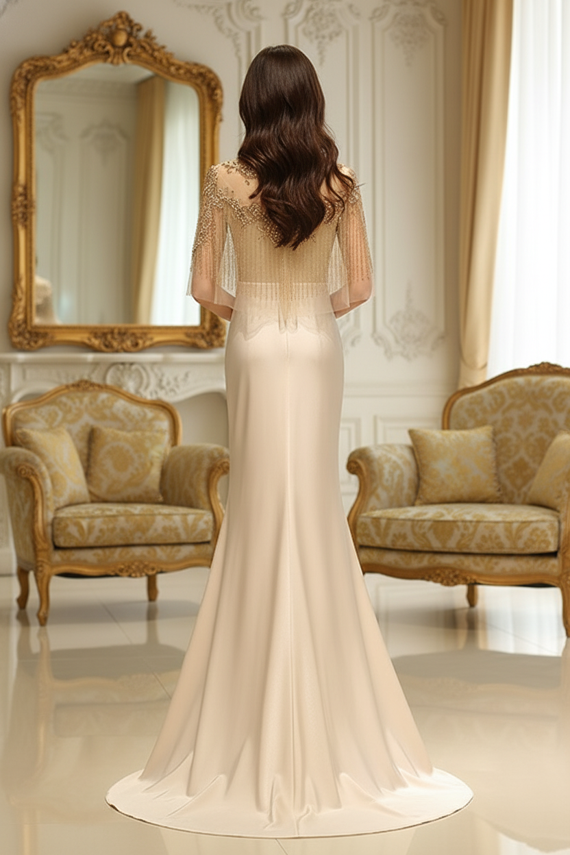 Satin Mermaid Scoop Sheer Beaded Cape Long Prom Dress 