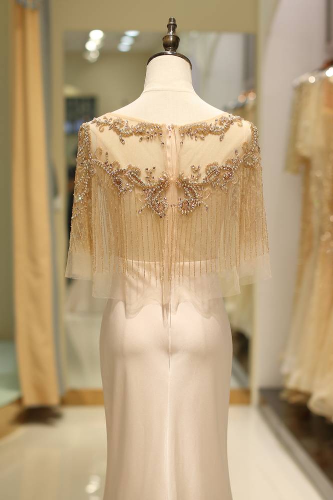 Satin Mermaid Scoop Sheer Beaded Cape Long Prom Dress 