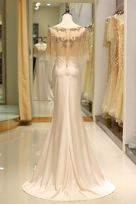 Satin Mermaid Scoop Sheer Beaded Cape Long Prom Dress 