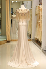 Satin Mermaid Scoop Sheer Beaded Cape Long Prom Dress 