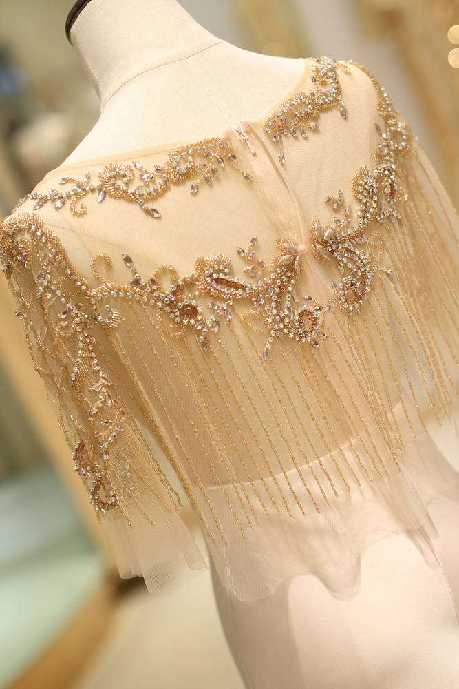 Satin Mermaid Scoop Sheer Beaded Cape Long Prom Dress 