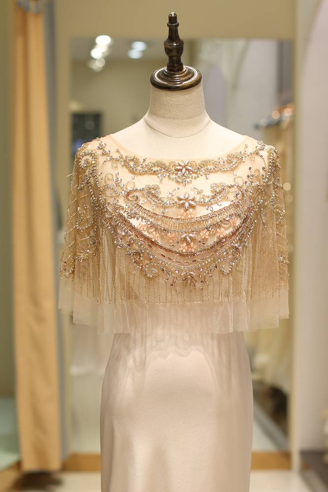 Satin Mermaid Scoop Sheer Beaded Cape Long Prom Dress 