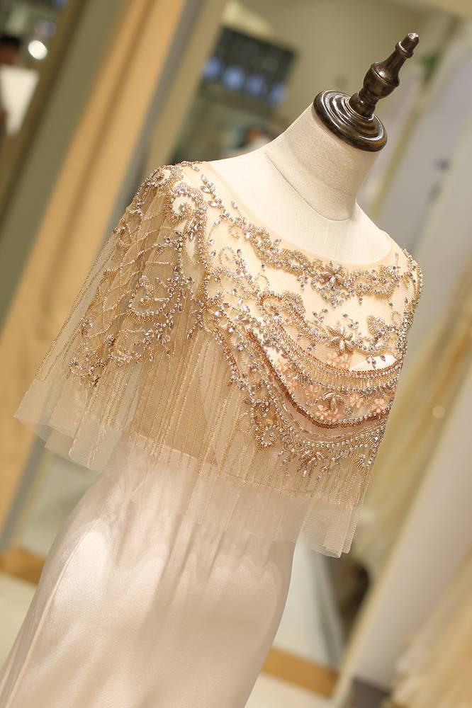 Satin Mermaid Scoop Sheer Beaded Cape Long Prom Dress 