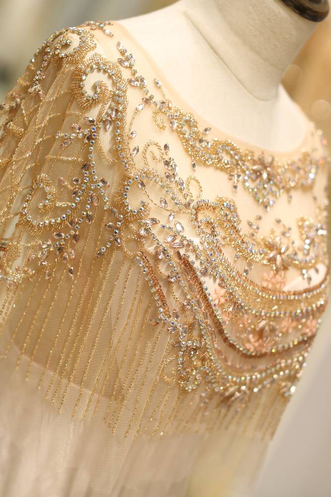 Satin Mermaid Scoop Sheer Beaded Cape Long Prom Dress 