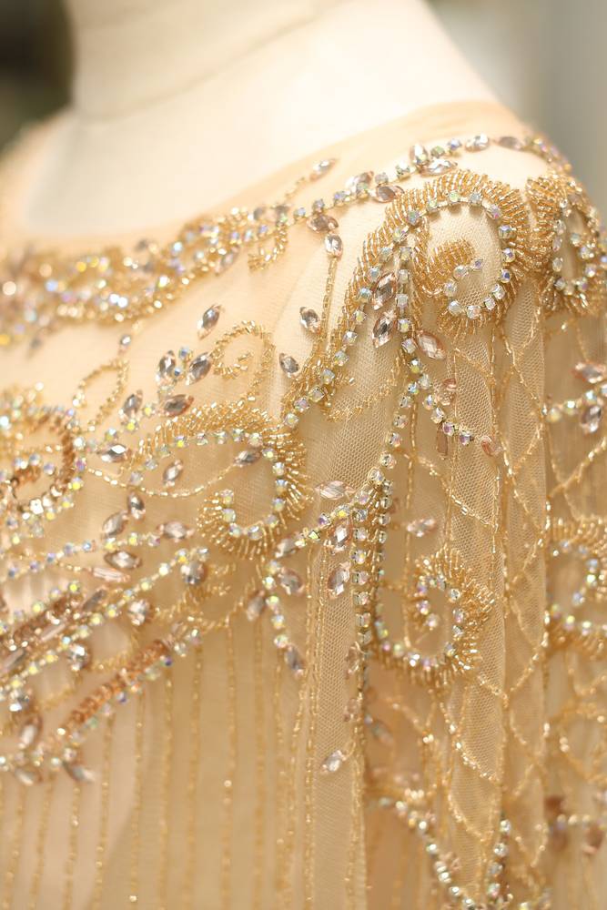 Satin Mermaid Scoop Sheer Beaded Cape Long Prom Dress 