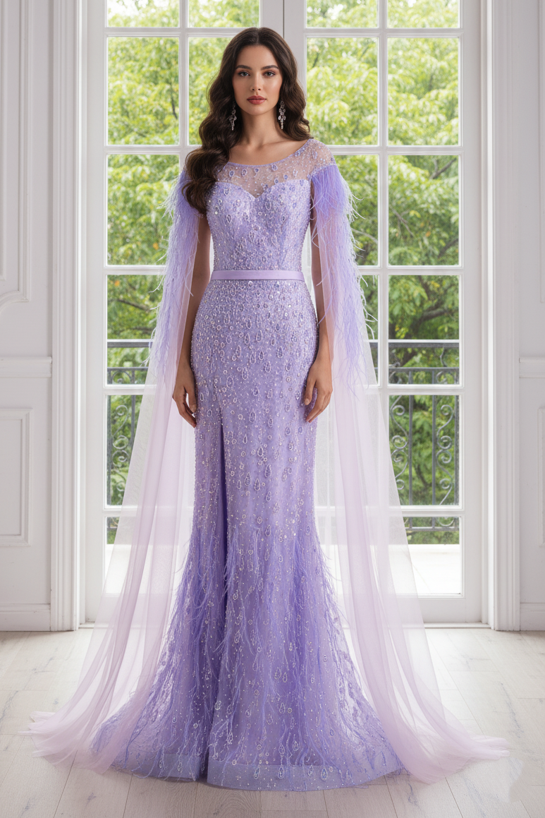 Scoop Empire Mermaid Beaded Party Prom Dress With Side Slit 