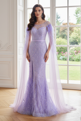 Scoop Empire Mermaid Beaded Party Prom Dress With Side Slit 