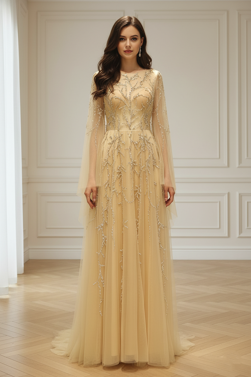 Scoop Long Sleeves Backless A-Line Beaded Sheer Prom Gown