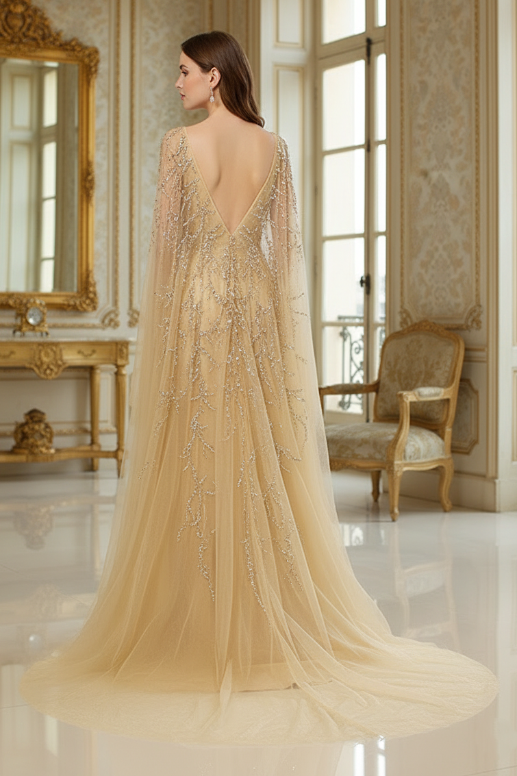 Scoop Long Sleeves Backless A-Line Beaded Sheer Prom Gown