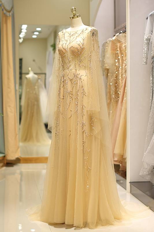 Scoop Long Sleeves Backless A-Line Beaded Sheer Prom Gown