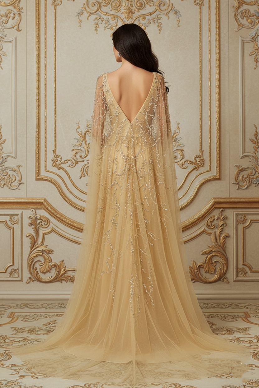 Scoop Long Sleeves Backless A-Line Beaded Sheer Prom Gown