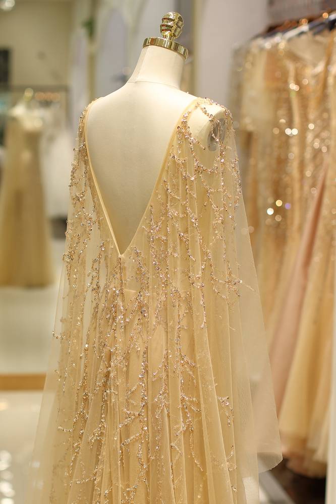 Scoop Long Sleeves Backless A-Line Beaded Sheer Prom Gown