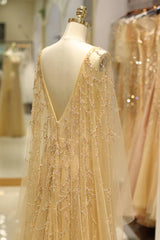 Scoop Long Sleeves Backless A-Line Beaded Sheer Prom Gown