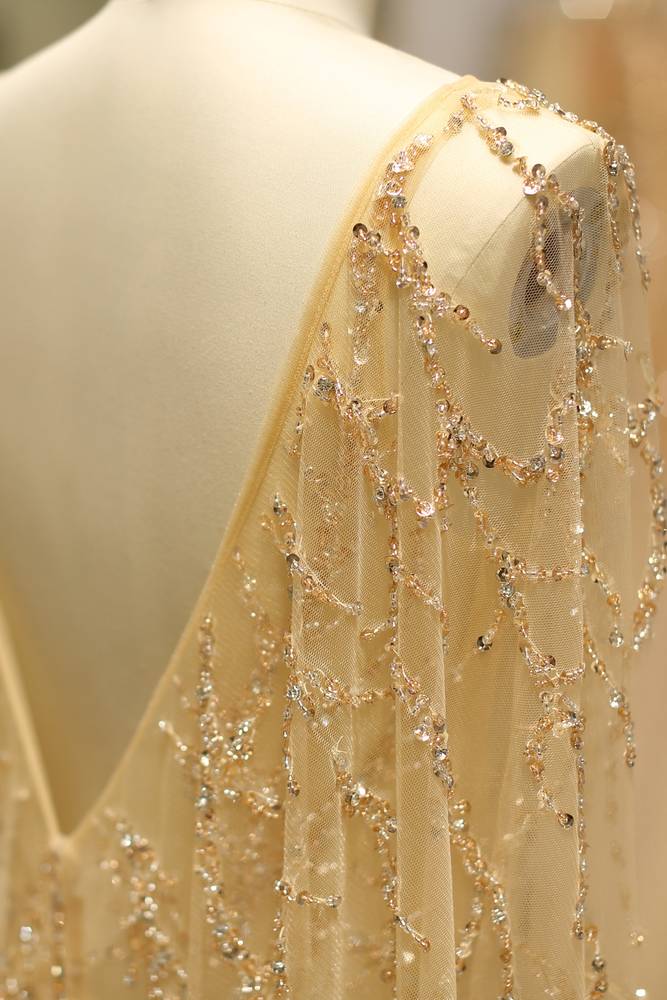 Scoop Long Sleeves Backless A-Line Beaded Sheer Prom Gown