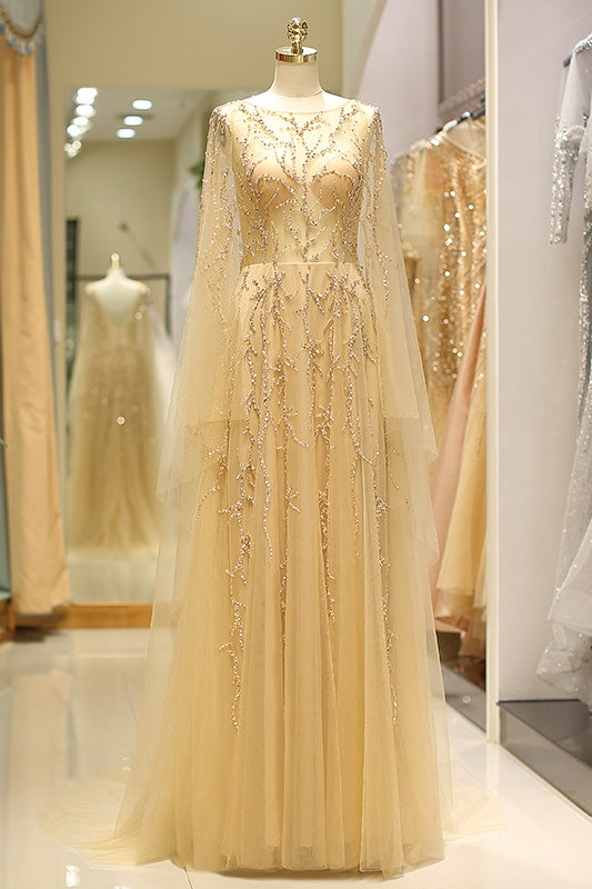 Scoop Long Sleeves Backless A-Line Beaded Sheer Prom Gown