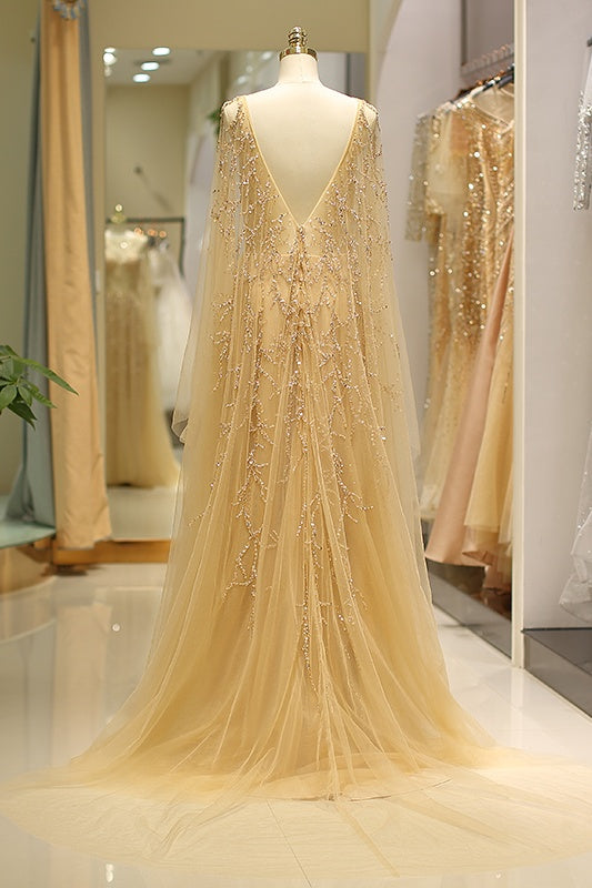 Scoop Long Sleeves Backless A-Line Beaded Sheer Prom Gown