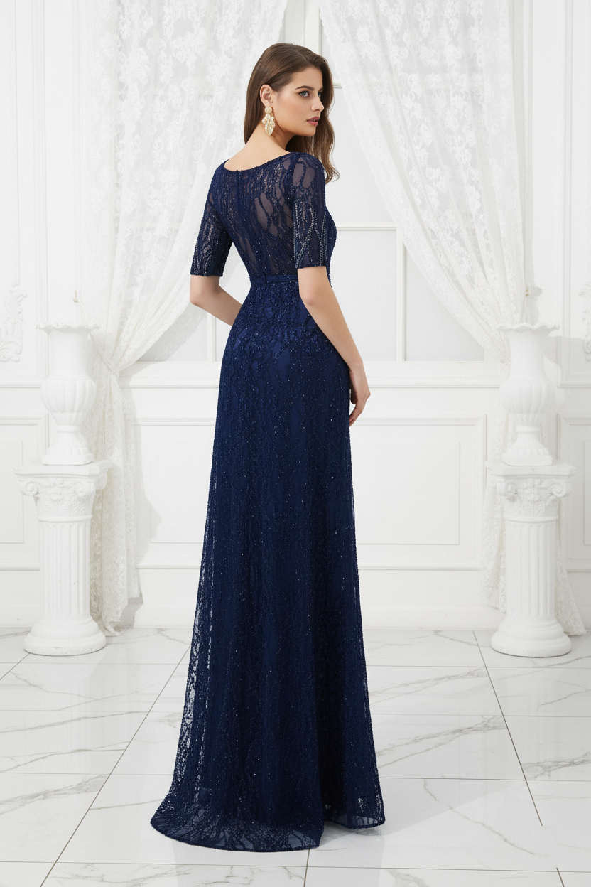 Scoop Short Sleeves Beaded Lace Party Prom Dress